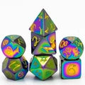 Rainbow Metal with Yellow Dragon Font - 7pcs RPG Dice Set