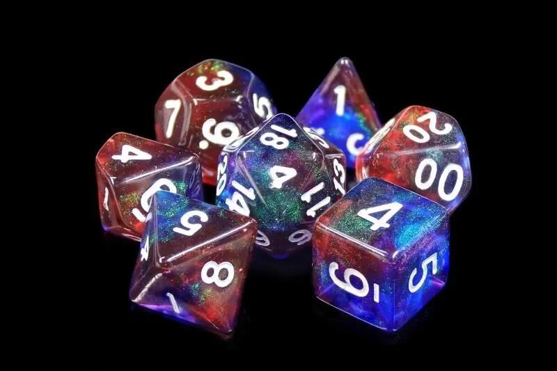 Glitter in Blue & Red Acrylic - 7pcs RPG Full Dice Set