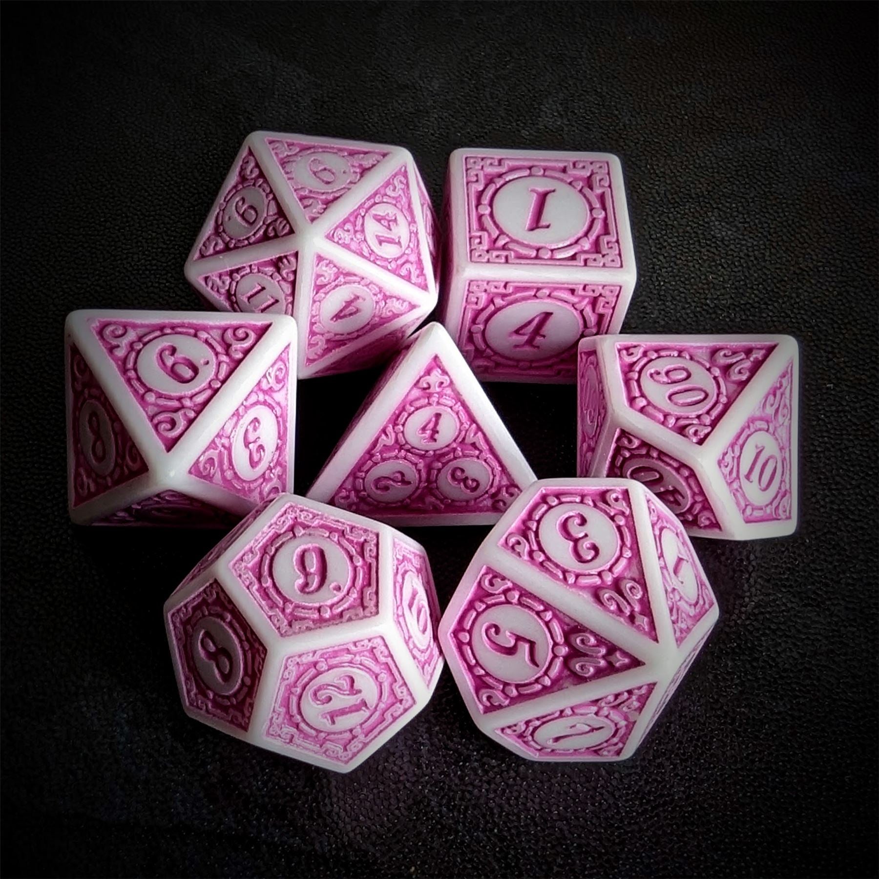 Pink Lattice on White Acrylic - 7pcs RPG Full Dice Set