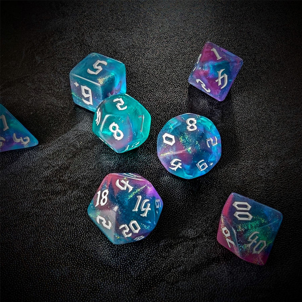 Glitter in Blue & Pink Acrylic - 7pcs RPG Full Dice Set