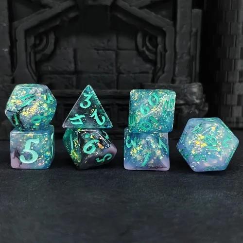 7pcs Dice Resin Glitter Blue Font Black Blue