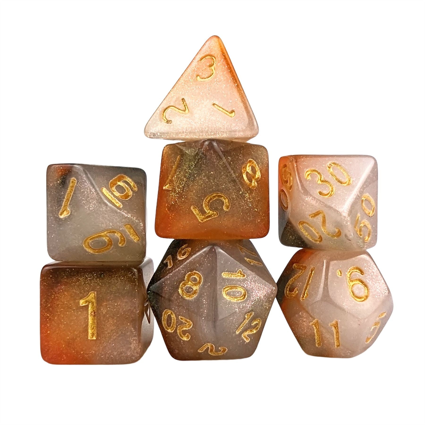 Glitter in Orange & White Acrylic - 7pcs RPG Full Dice Set