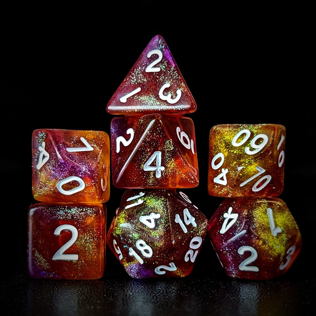 Glitter in Orange & Pink Acrylic - 7pcs RPG Full Dice Set