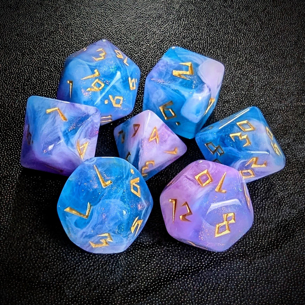 Glitter in Blue & Pink Acrylic - 7pcs RPG Full Dice Set
