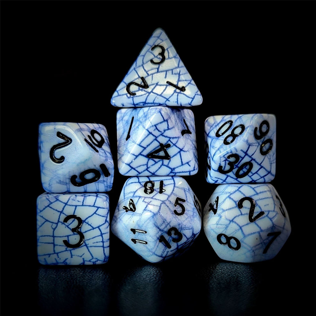 Cracked Blue on White Acrylic - 7pcs RPG Full Dice Set