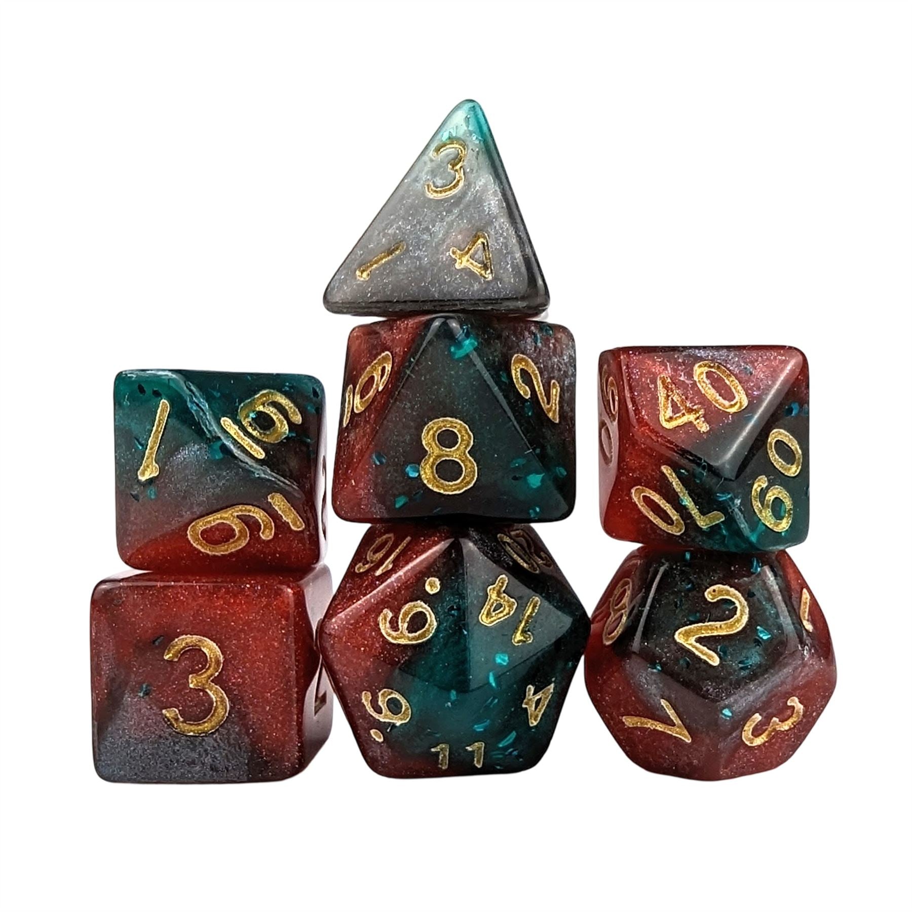 Glitter in Red & Green Acrylic - 7pcs RPG Full Dice Set