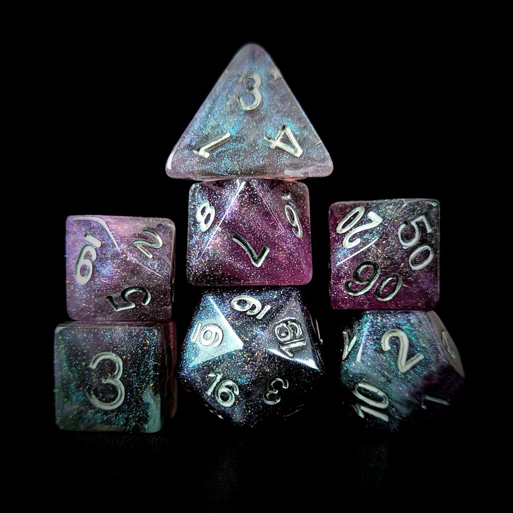 Glitter in Silver & Purple with White Resin - 7pcs RPG Full Dice Set