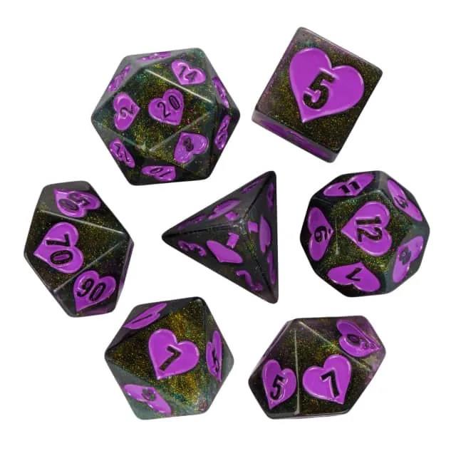 7pcs Dice Resin Pattern Hearts Purple Font Black