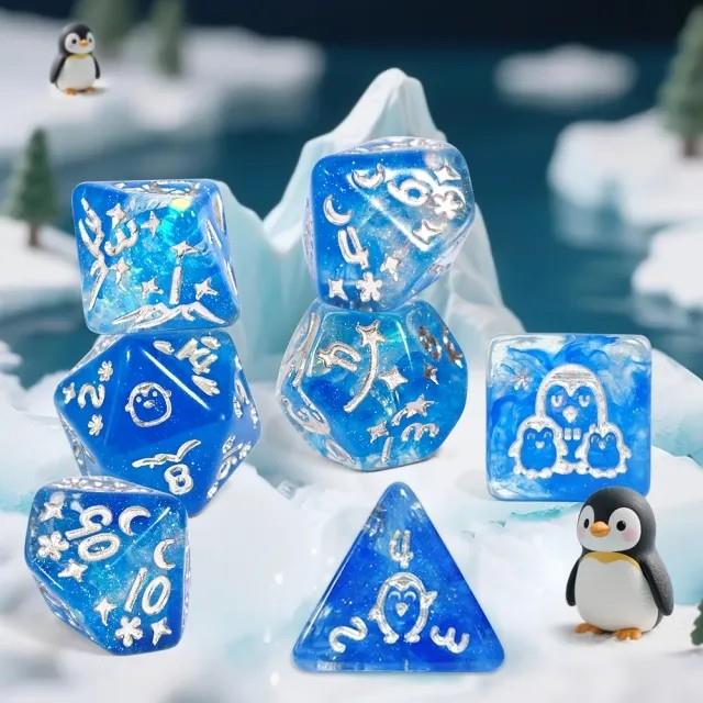 7pcs Dice Resin Pattern Penguin Silver Font Blue