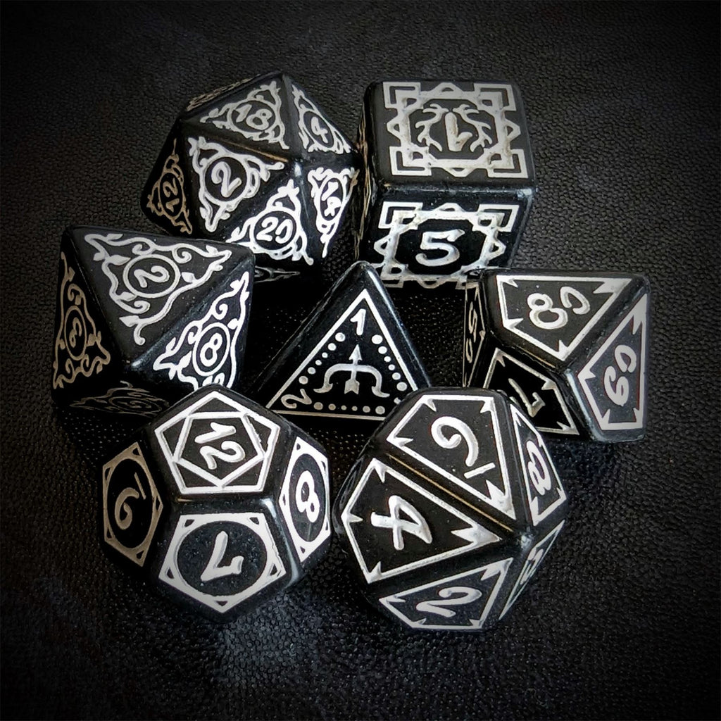 White Vines on Black Acrylic - 7pcs RPG Full Dice Set