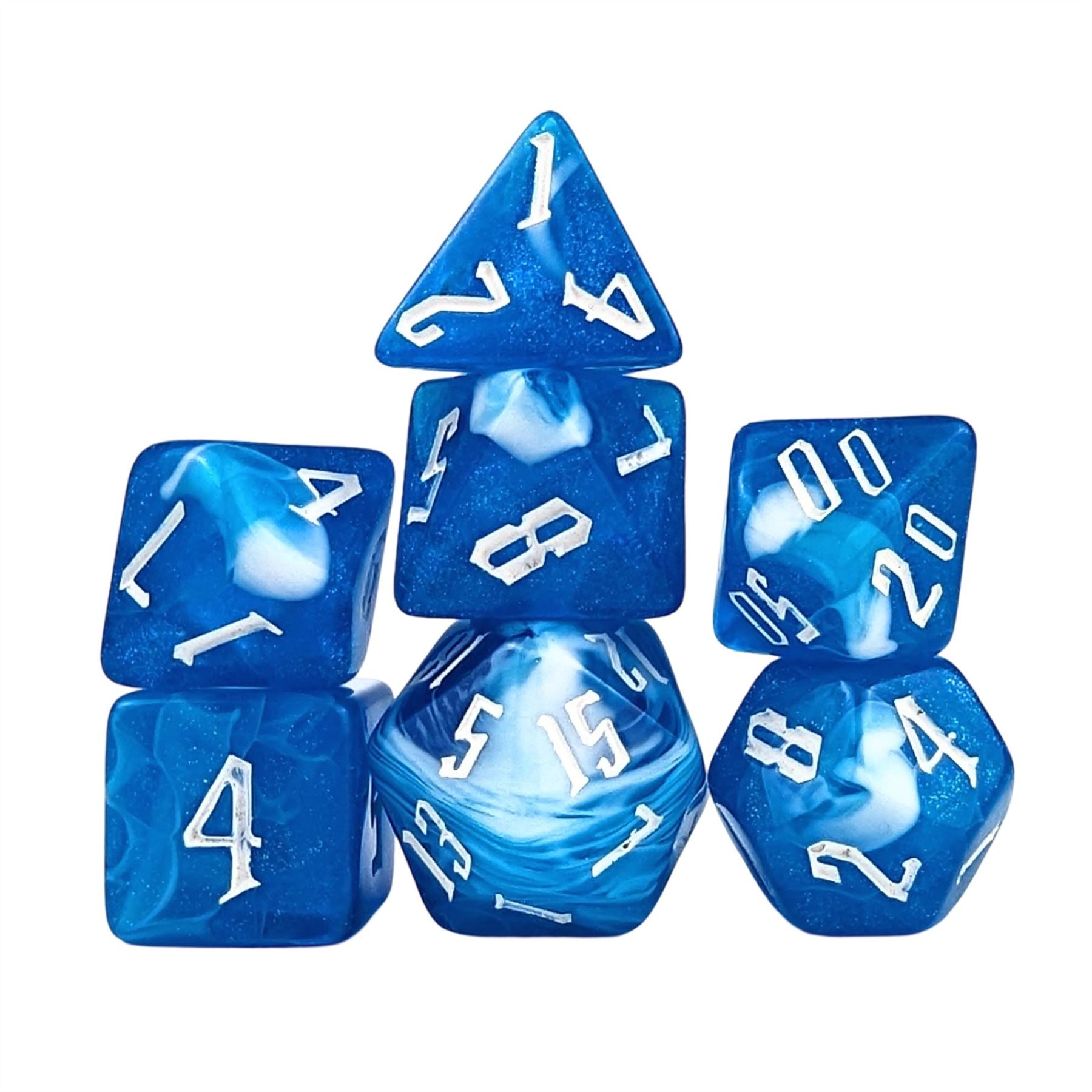 Glitter in Blue & White Acrylic - 7pcs RPG Full Dice Set
