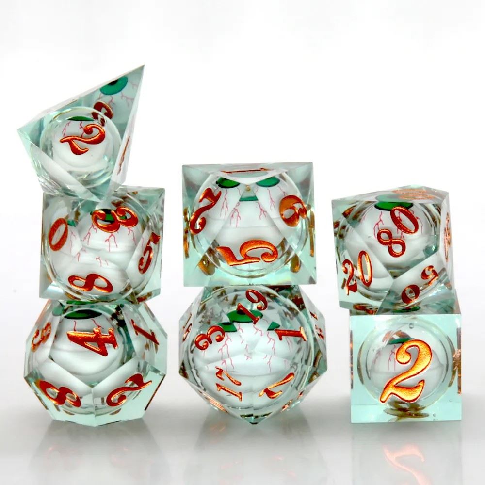 Eye Ball in Green & Clear Liquid Filled Sharp Resin - 7pcs RPG Dice Set