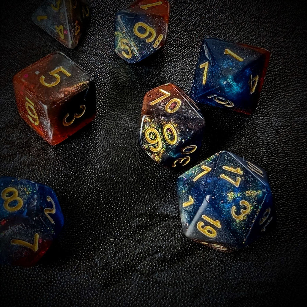 Glitter in Red & Blue Acrylic - 7pcs RPG Full Dice Set