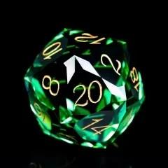D20 30mm Dice Gem Glass Facet Gold Font Green