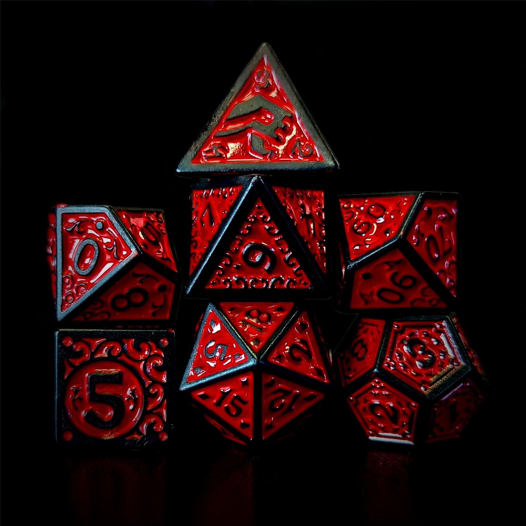 Red Vines on Black Acrylic - 7pcs RPG Full Dice Set