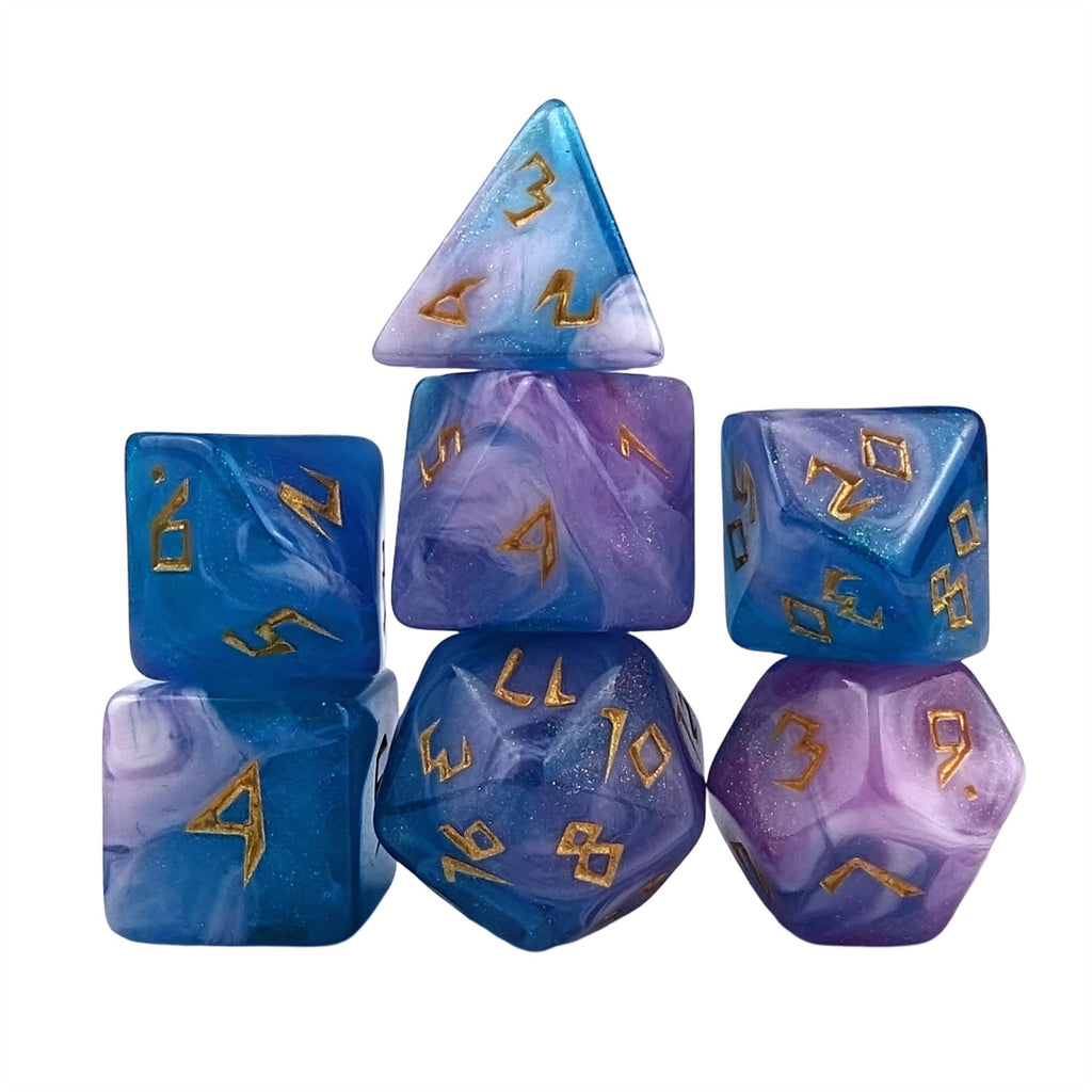 Glitter in Blue & Pink Acrylic - 7pcs RPG Full Dice Set