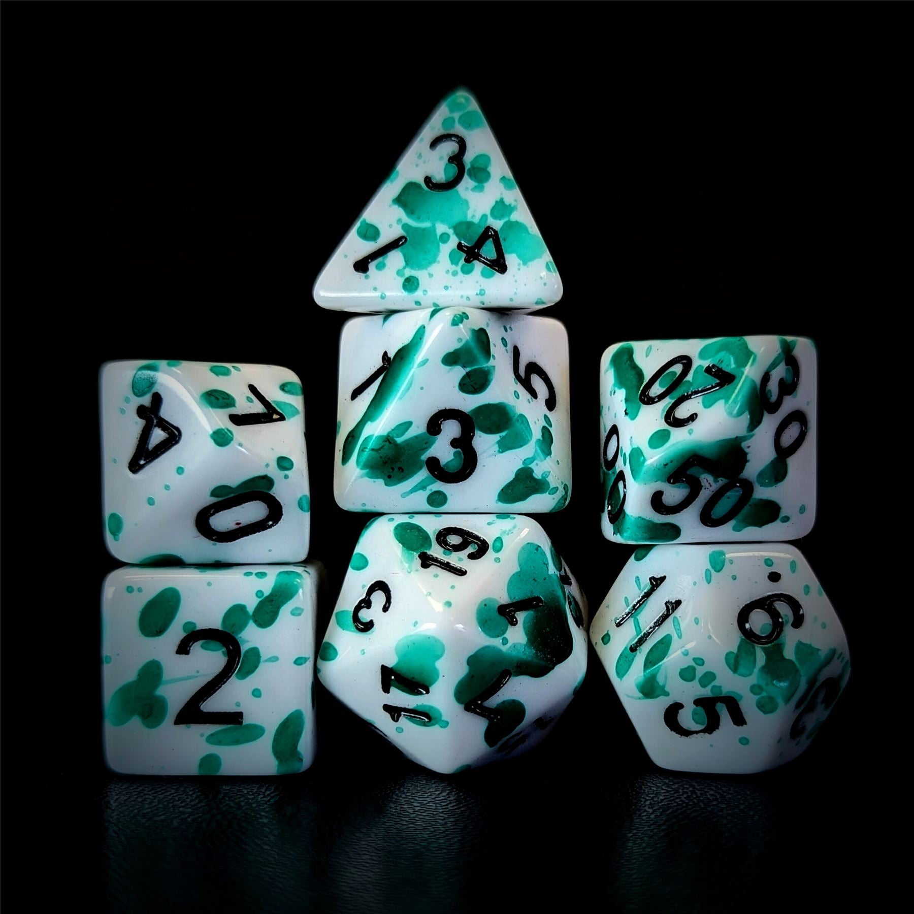 Green Blood Splatter on White Acrylic - 7pcs RPG Full Dice Set