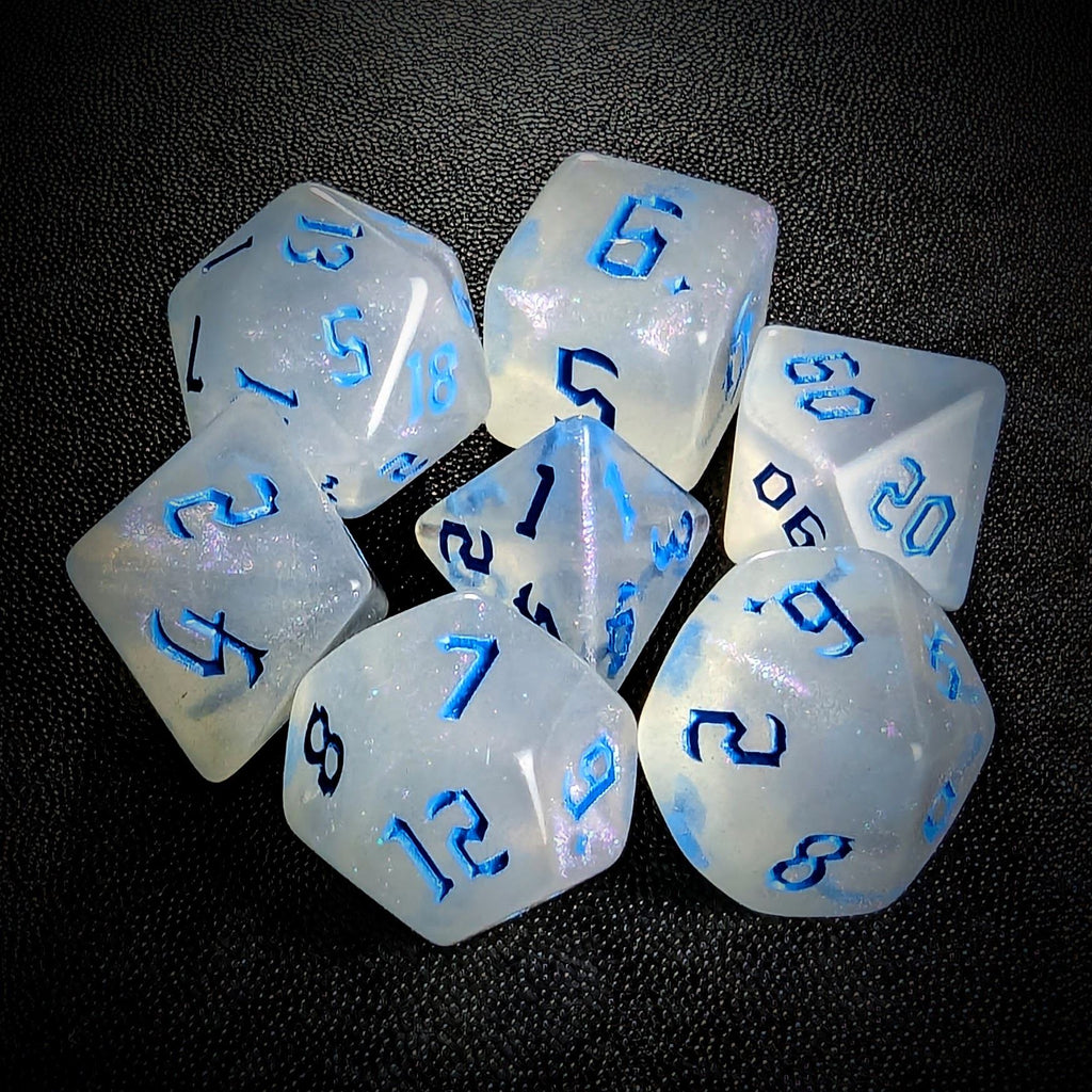 Glitter in White Acrylic with Blue Font - 7pcs RPG Full Dice Set