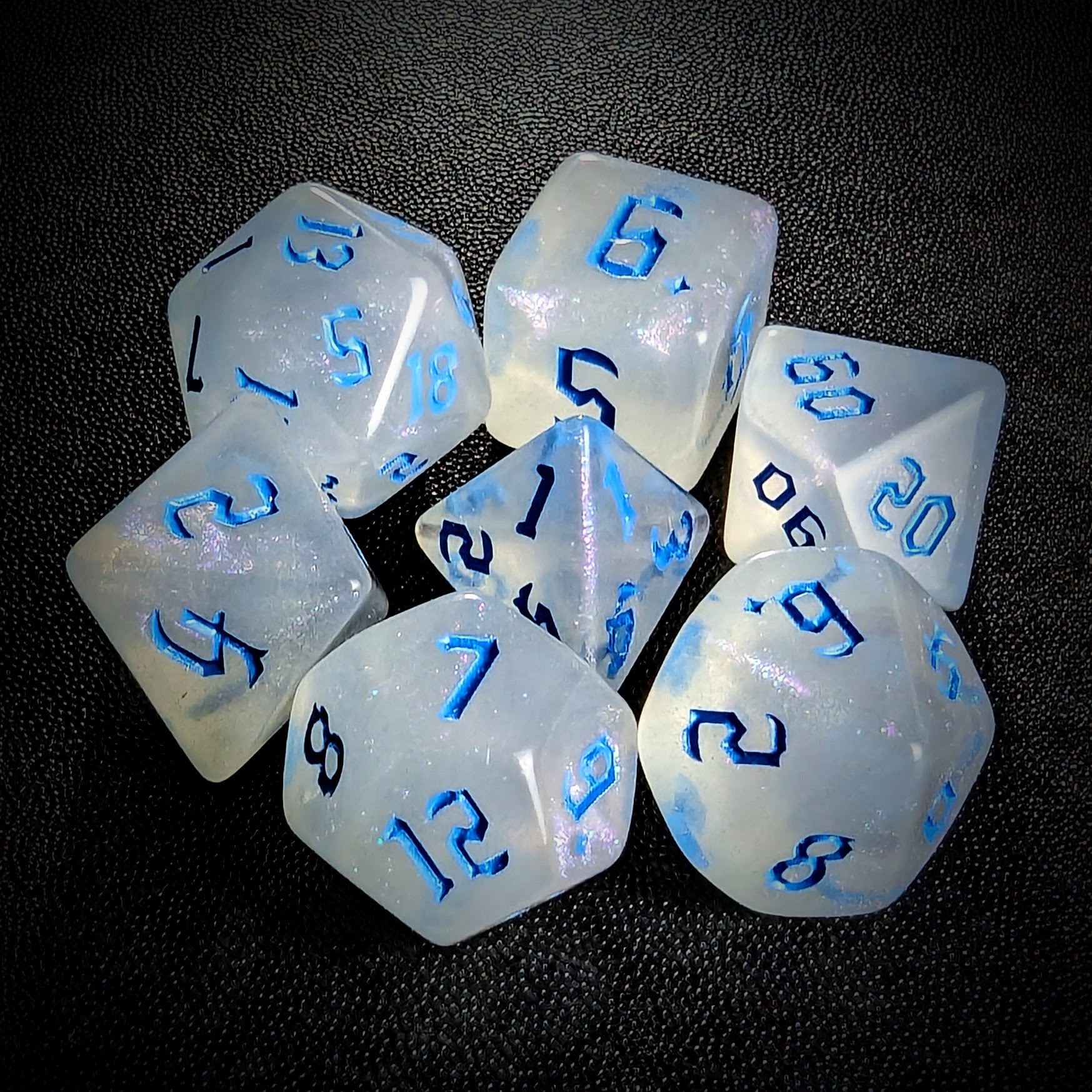 Glitter in White Acrylic with Blue Font - 7pcs RPG Full Dice Set
