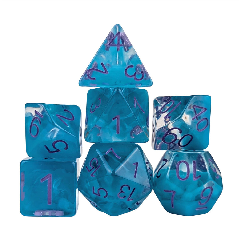 Sky Blue Swirl in Clear Resin - 7pcs RPG Full Dice Set