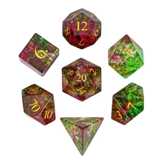 7pcs Dice Gem Glass Gold Font Cracked Pink Green (UD)
