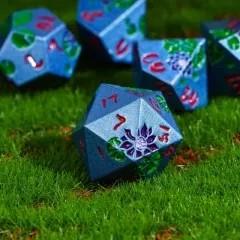 Purple Lotus Flower in Blue Metal - 7pcs RPG Dice Set