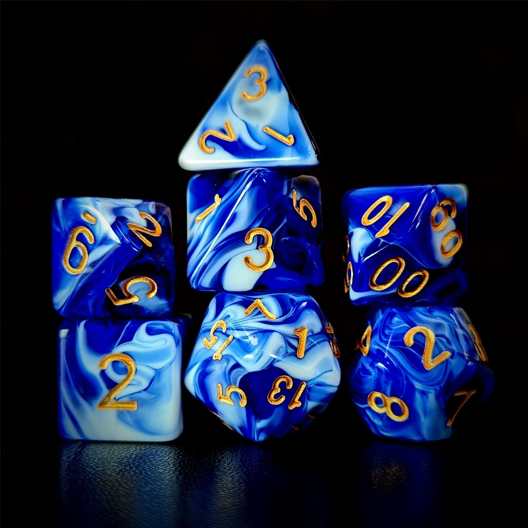 Blend of White & Royal Blue Acrylic - 7pcs RPG Full Dice Set