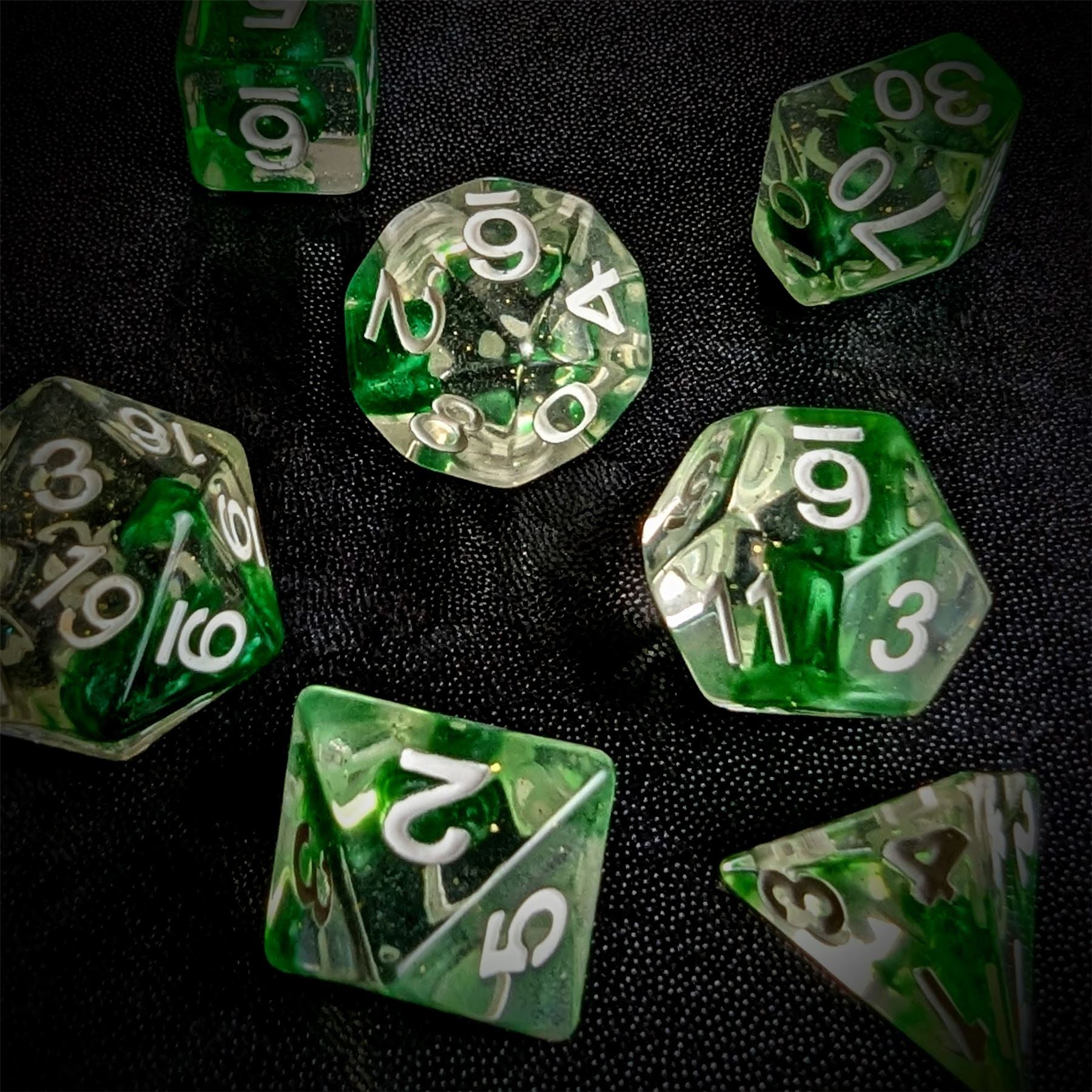 Green Swirl in Clear Resin - 7pcs RPG Full Dice Set