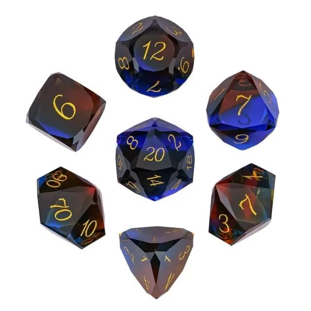 7pcs Dice Gem Glass Facet Gold Font Blue Brown (UD)
