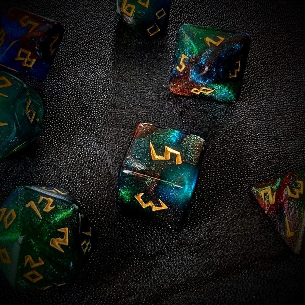 Glitter in Green & Blue Acrylic - 7pcs RPG Full Dice Set