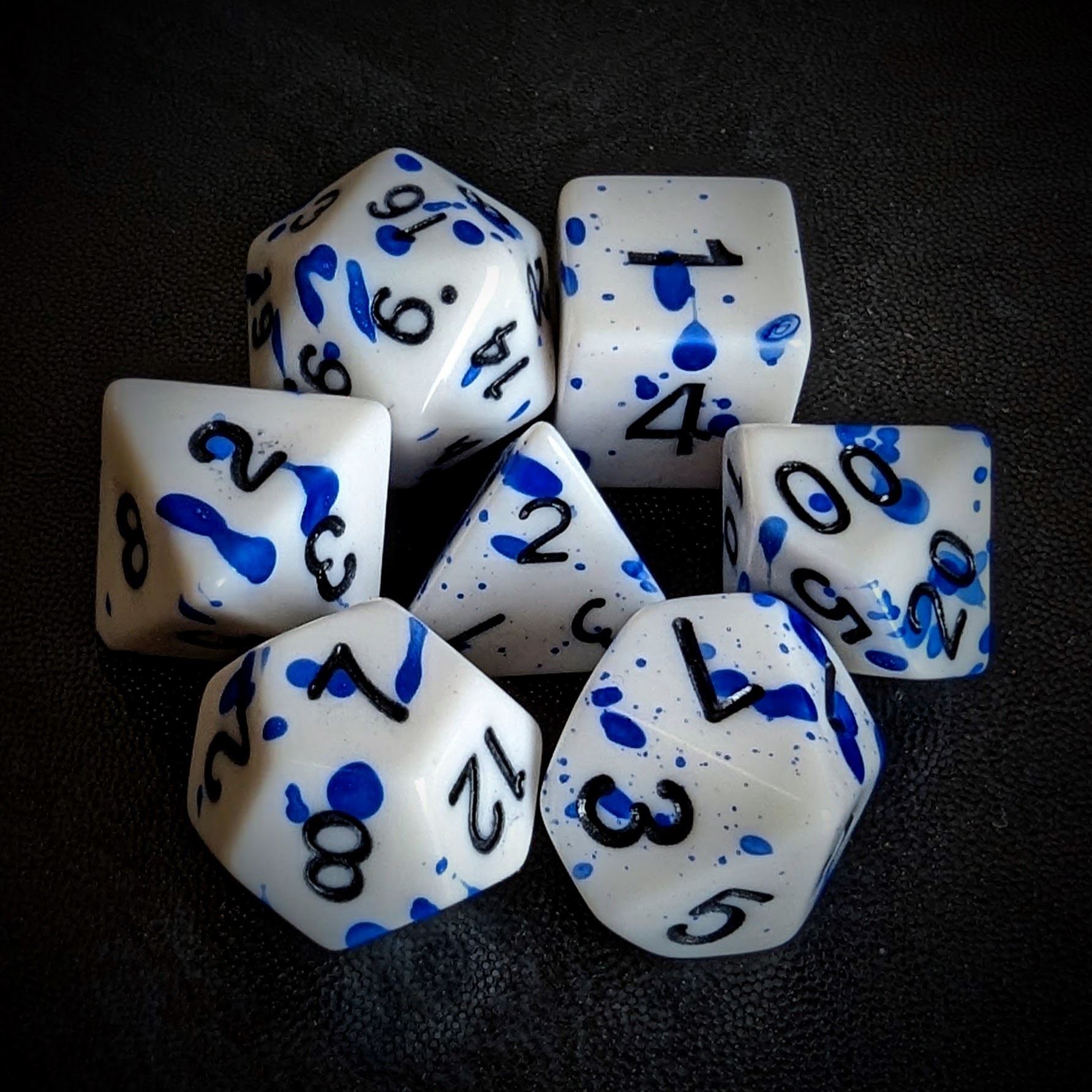 Blue Blood Splatter on White Acrylic - 7pcs RPG Full Dice Set