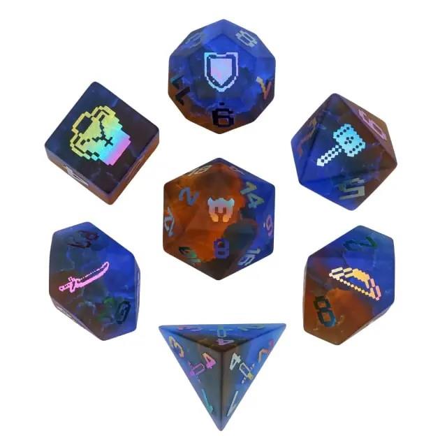 7pcs Dice Gem Frosted Glass 8bit Adventurer Cracked Rainbow Font Brown Blue (UD)