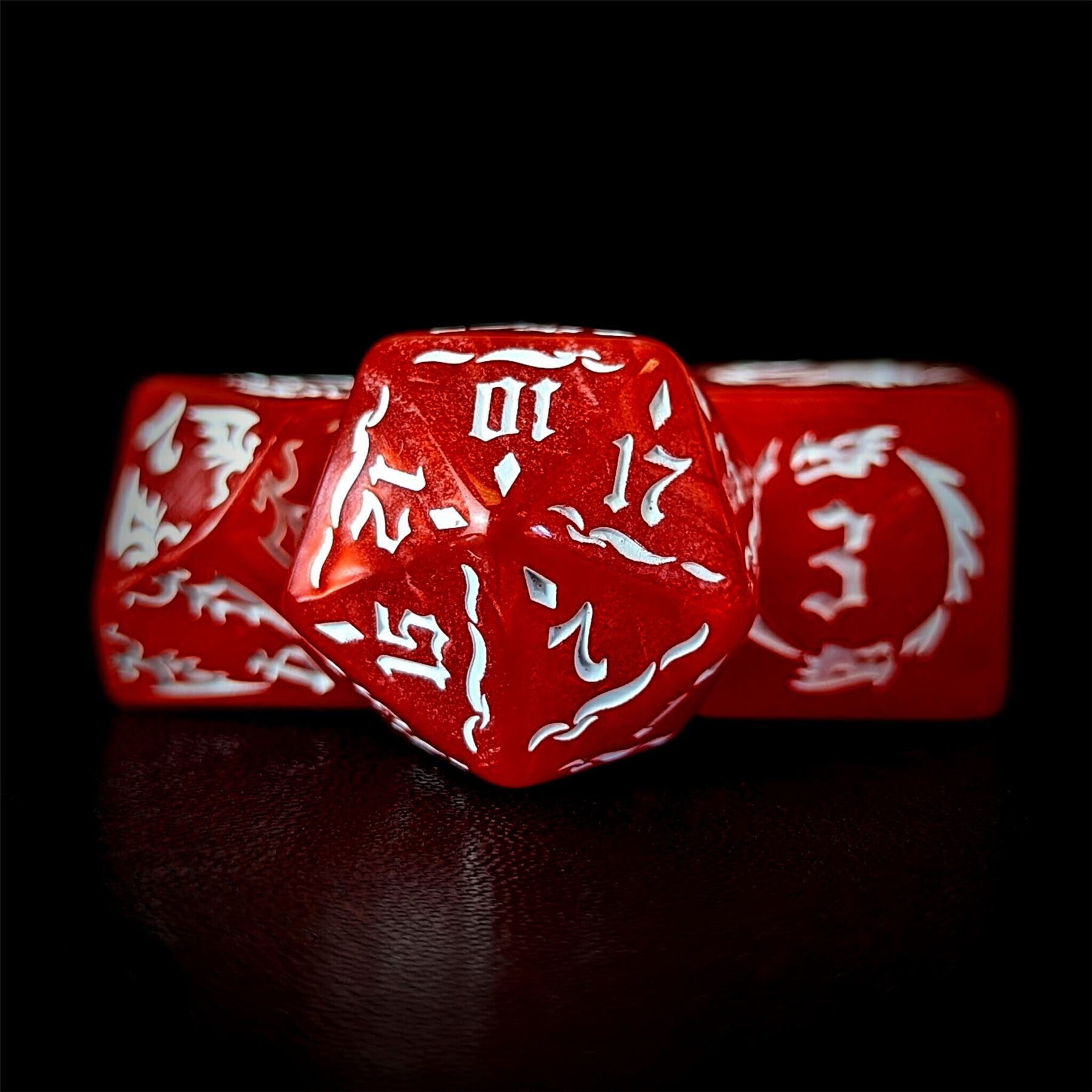 White Dragon on Red Acrylic - 7pcs RPG Full Dice Set