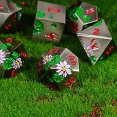 Pink Lotus Flower in Silver Metal - 7pcs RPG Dice Set