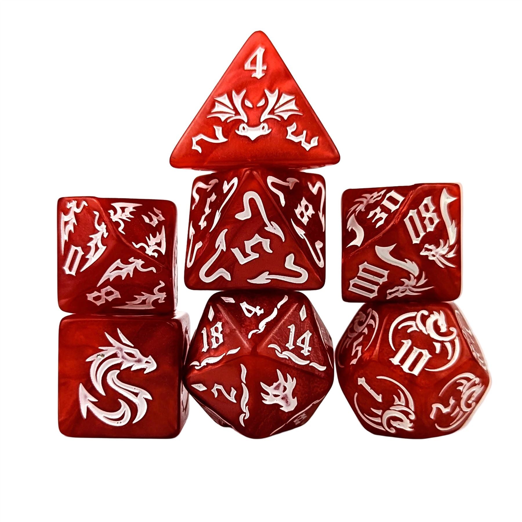 White Dragon on Red Acrylic - 7pcs RPG Full Dice Set