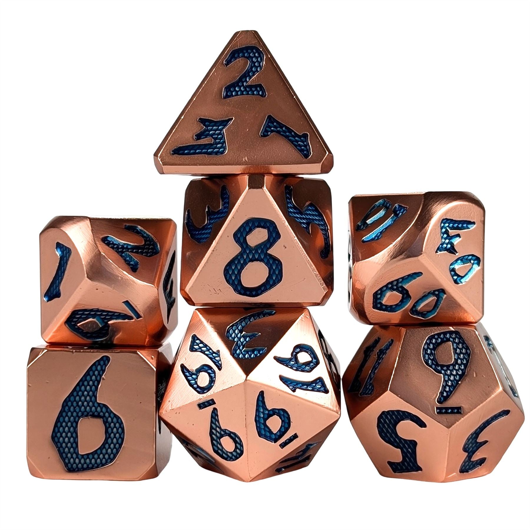 Blue Font in Copper Metal - 7pcs RPG Dice Set