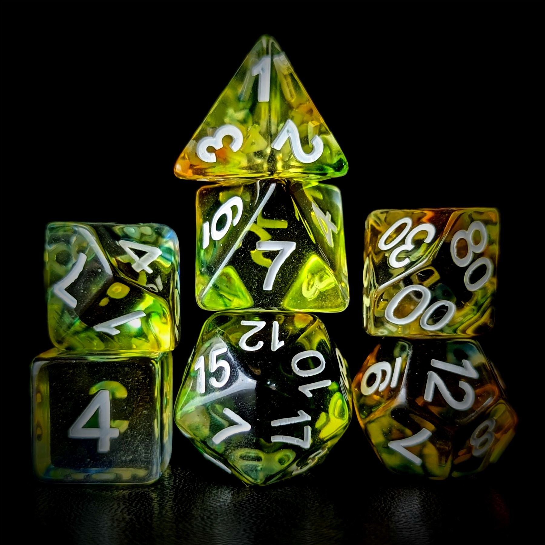 Yellow & Black with Blue Swirl in Clear Resin - 7pcs RPG Full Dice Set