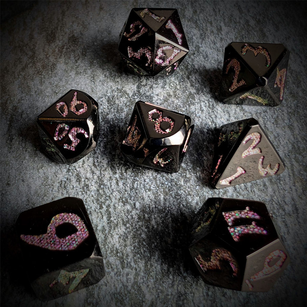 Pink & Yellow Font in Black Metal - 7pcs RPG Dice Set
