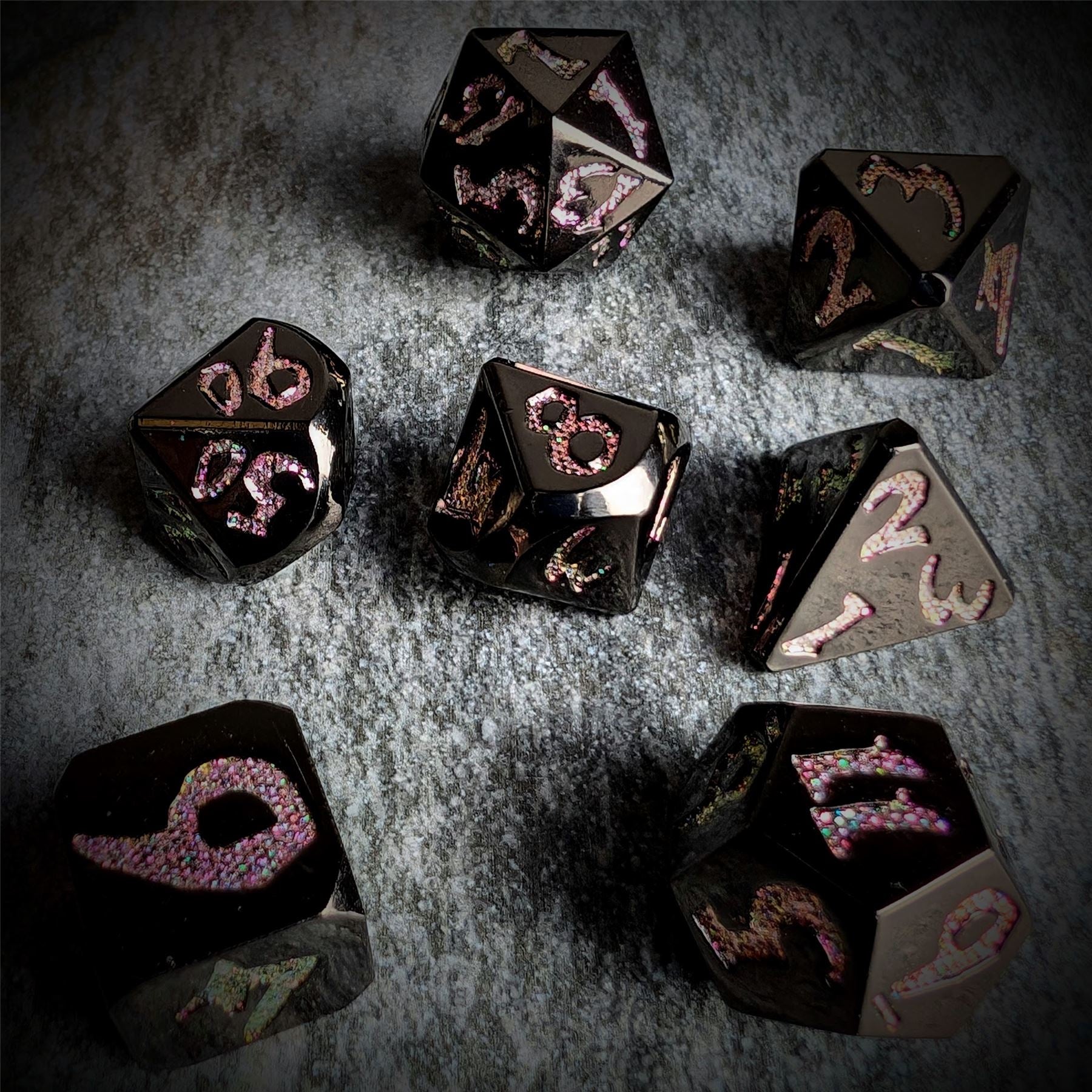 Pink & Yellow Font in Black Metal - 7pcs RPG Dice Set