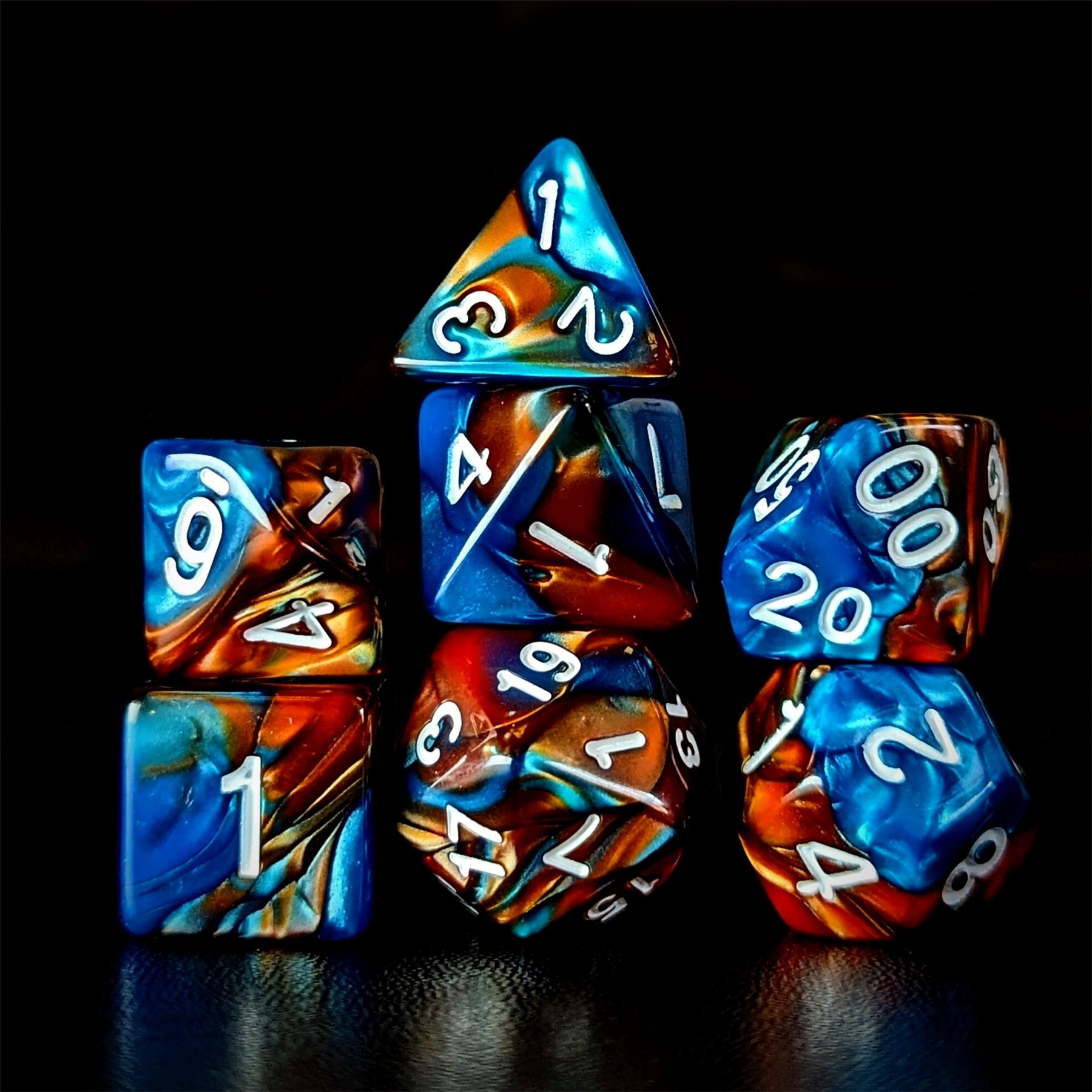 Blend of Orange & Blue Acrylic - 7pcs RPG Full Dice Set