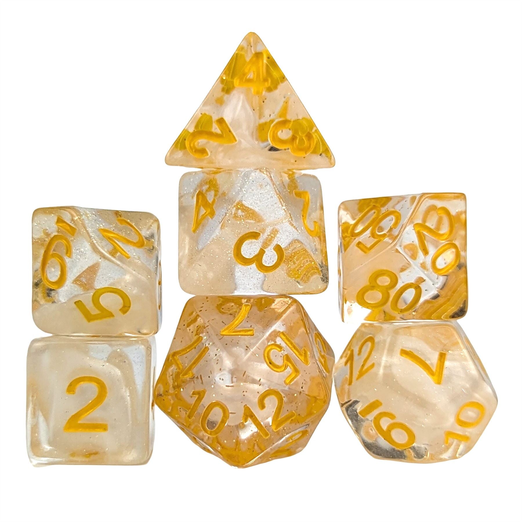 White Swirl in Clear Resin - 7pcs RPG Full Dice Set