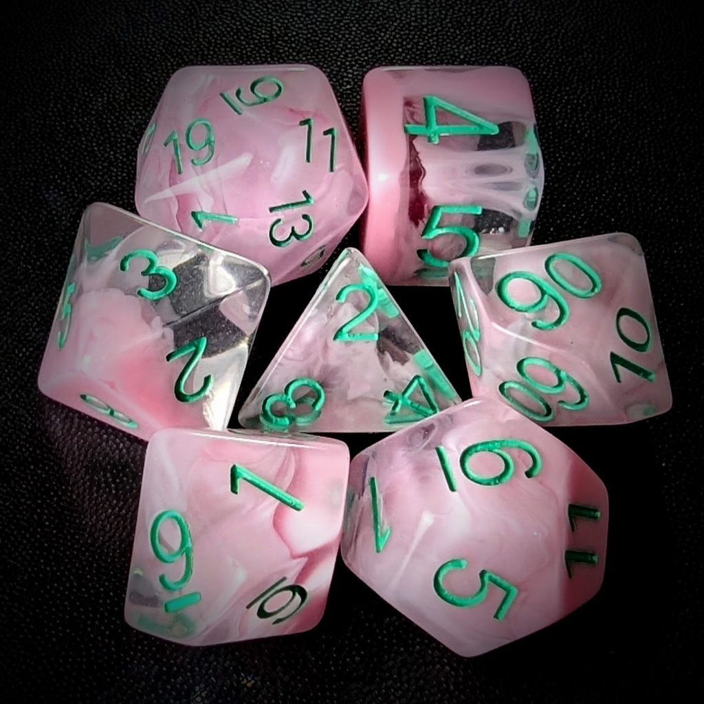 Pink Swirl in Clear Resin - 7pcs RPG Full Dice Set