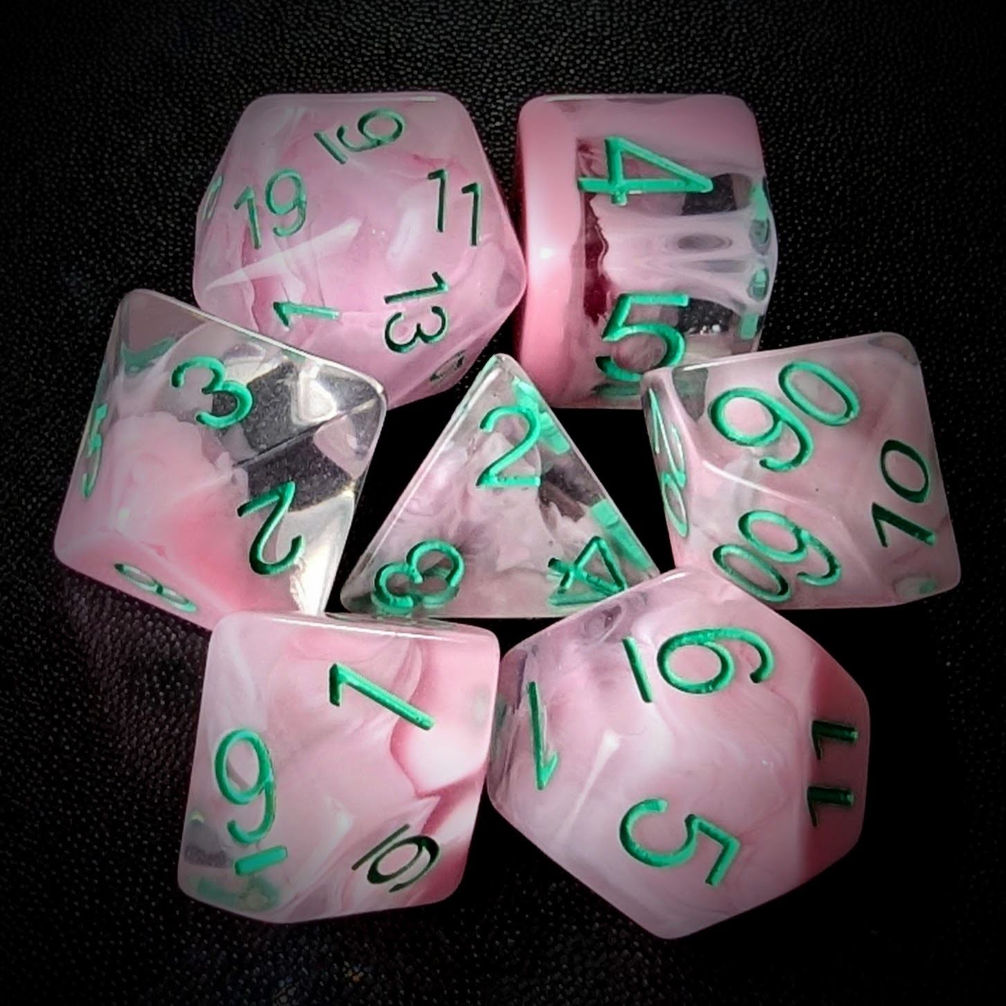 Pink Swirl in Clear Resin - 7pcs RPG Full Dice Set