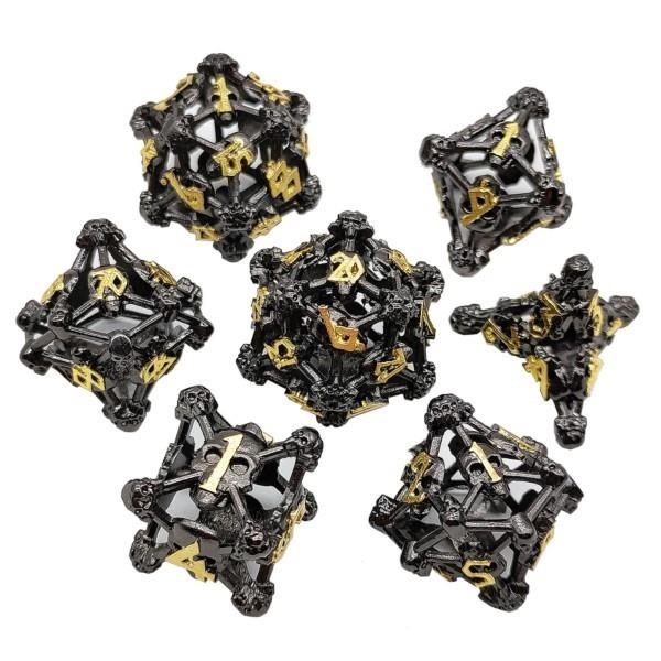 7pcs Dice Metal Hollow Skull Frame Gold Font Black