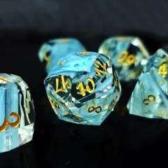 7pcs Dice Gem Glass Facet Ribbon Gold Font Clear Blue