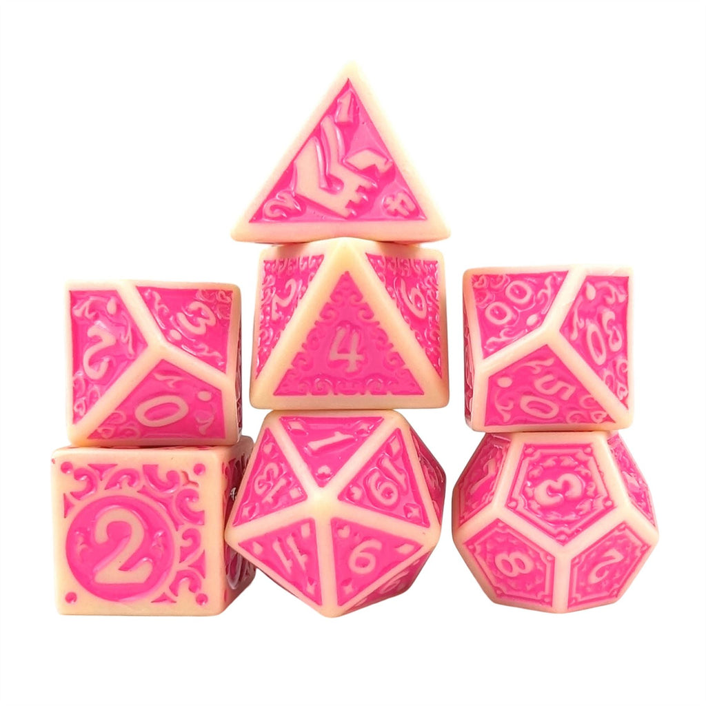 Pink Vines on White Acrylic - 7pcs RPG Full Dice Set