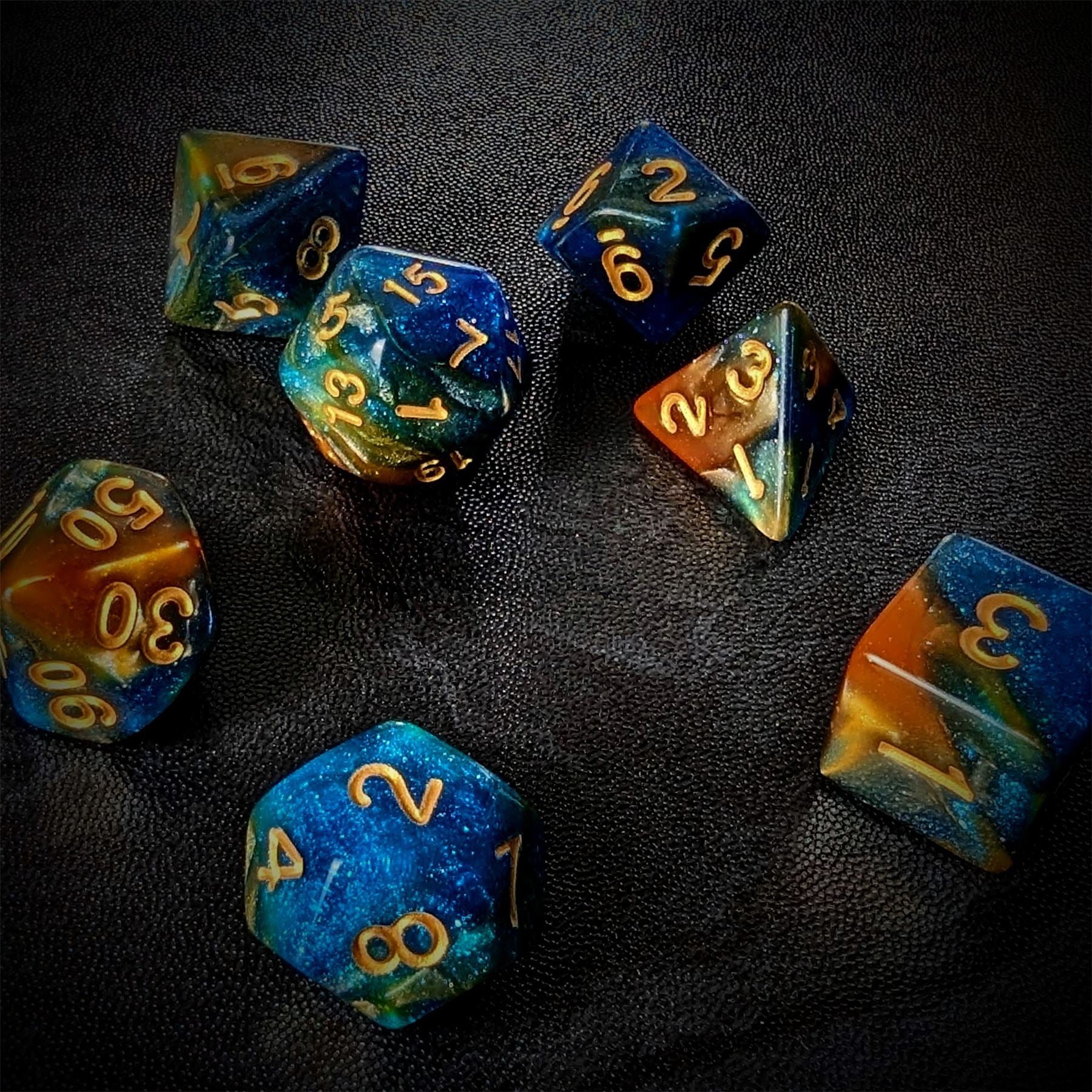 Glitter in Blue & Orange Acrylic - 7pcs RPG Full Dice Set