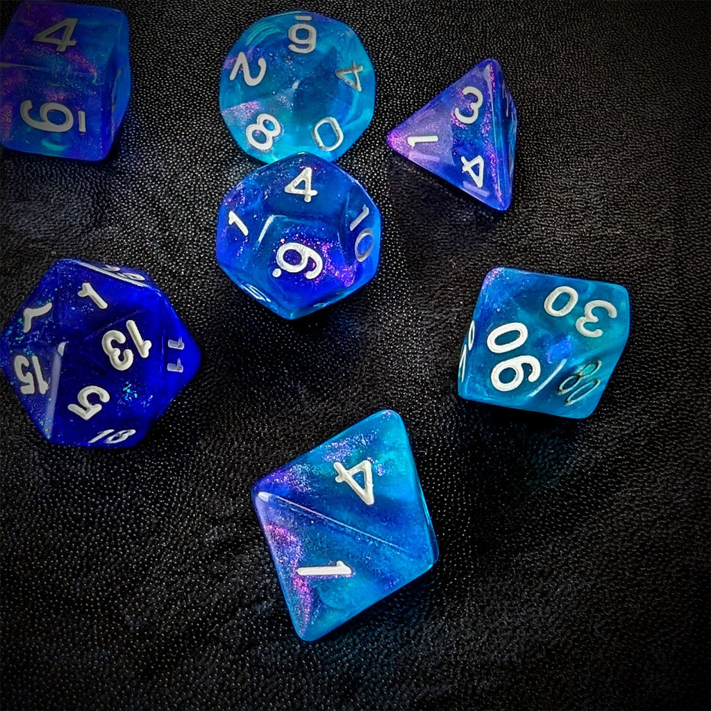 Glitter in Blue & Cyan Acrylic - 7pcs RPG Full Dice Set