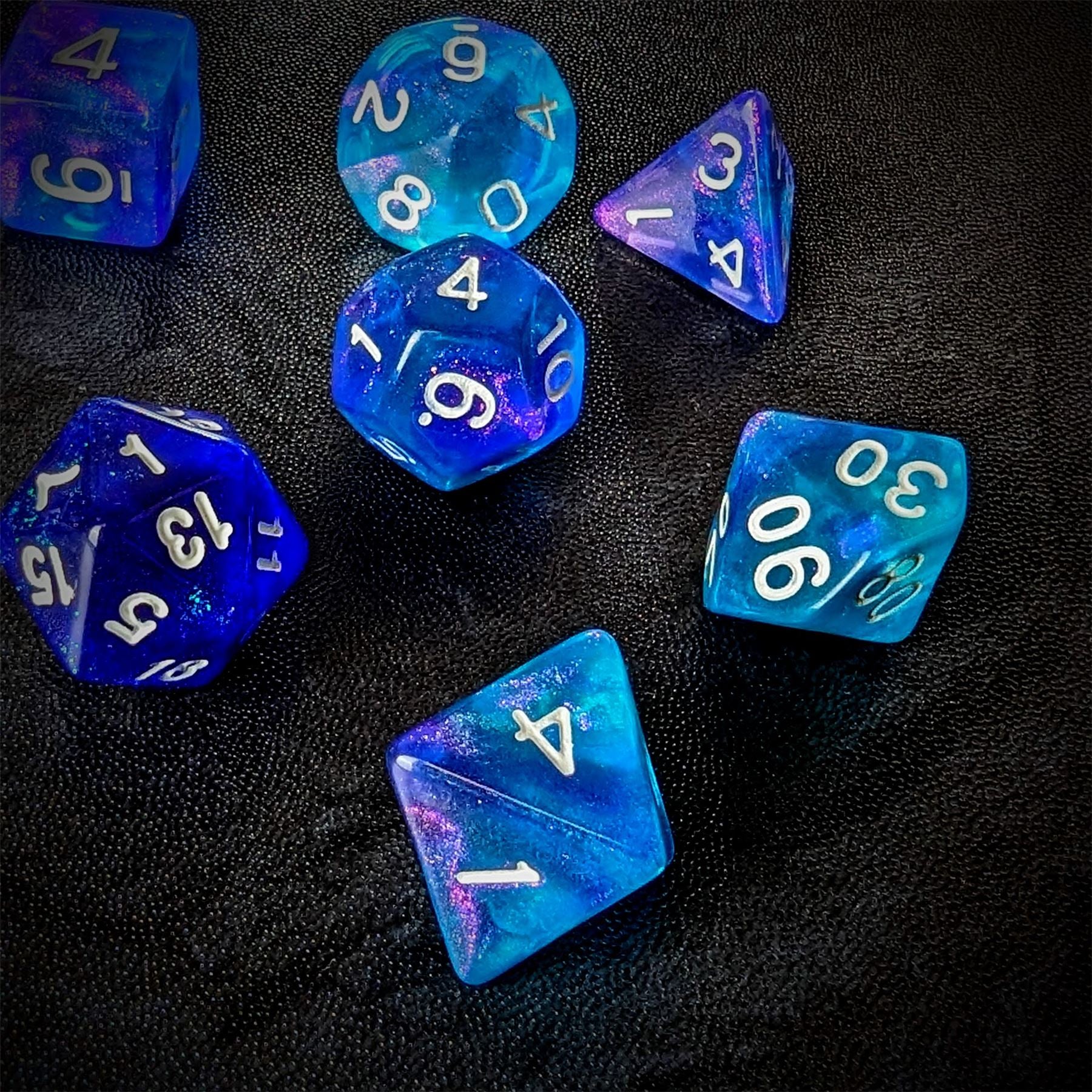 Glitter in Blue & Cyan Acrylic - 7pcs RPG Full Dice Set