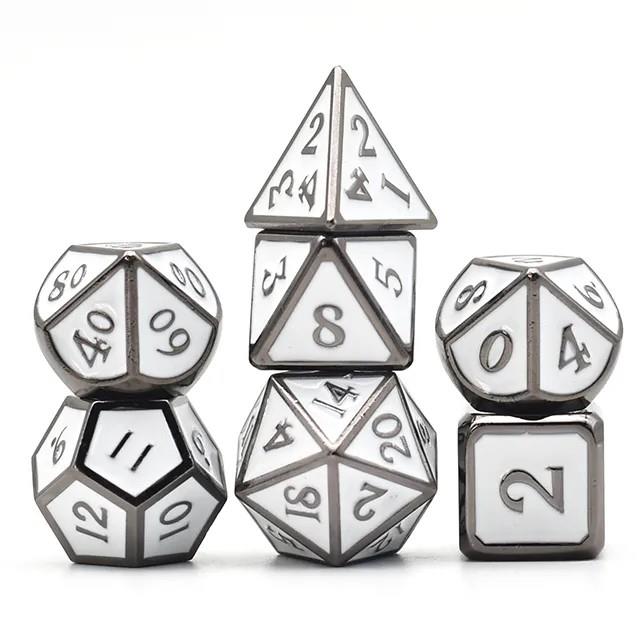 White Enamel in Silver Metal - 7pcs RPG Dice Set